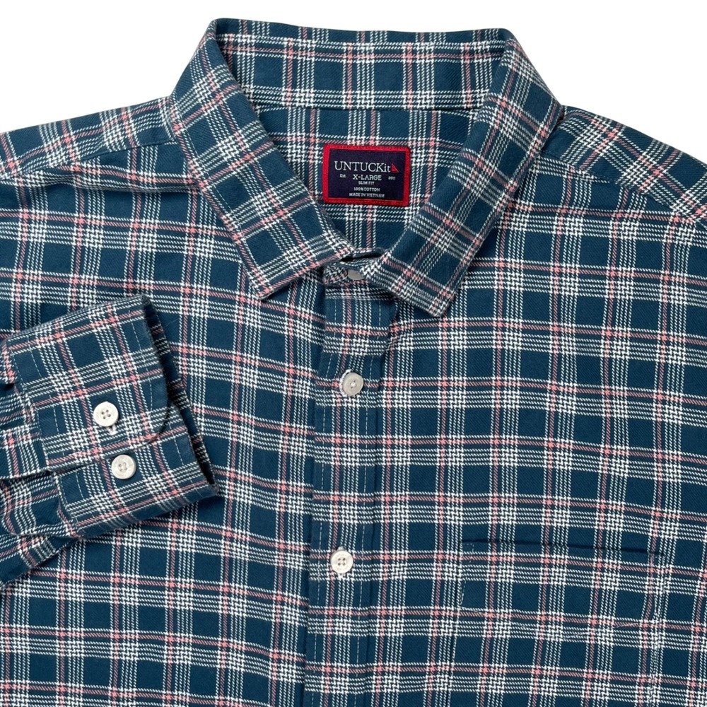 UNTUCKit Balthazar Flannel Button Up Shirt Mens XL Teal Blue Plaid Slim Fit